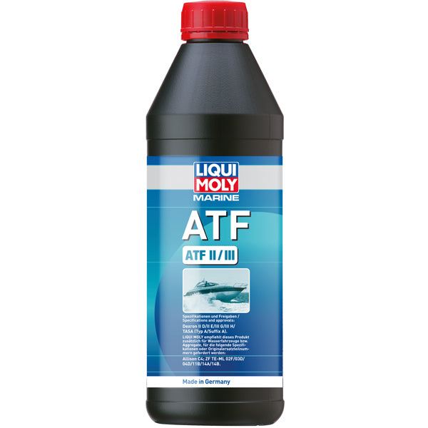 Liqui Moly marine ATF 2/3 olie 1l stående på en hvid baggrund.