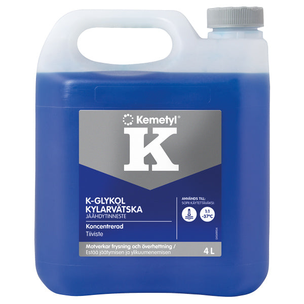 Kemetyl K-Glykol kølervæske i 4 liters beholder, lys blå væske