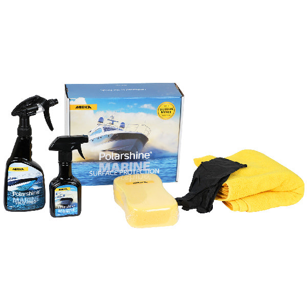 Mirka Polarshine Marine Surface Protection kit med tilbehør, placeret på en arbejdsbænk.