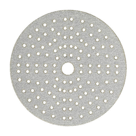 Mirka Iridium slib rondel på hvid baggrund, 150mm diameter med 121 huller