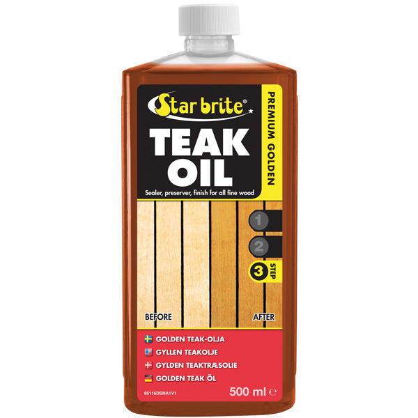 Star Brite Premium Gold Teak Olie i 500 ml flaske set fra siden.
