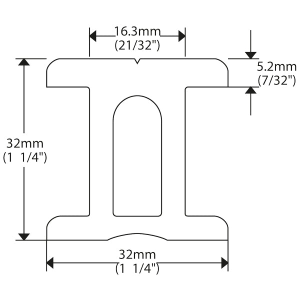 Detalje af Ronstan I-skinne 32mm, viser finish og kvalitet.