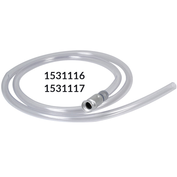Topvinkel af SeaTec hævertpumpe med slange og armatur.