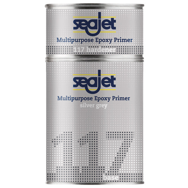 SeaJet 117 Multipurpose Epoxy Primer i sølvgrå farve, vist i en krukke på neutral baggrund.